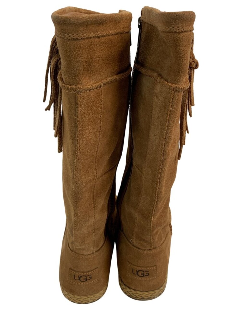 UGG Emerie Suede Knee-High Boots Womens Size 9.5 Zipper & Tassel Chestnut GUC - Picture 10 of 11
